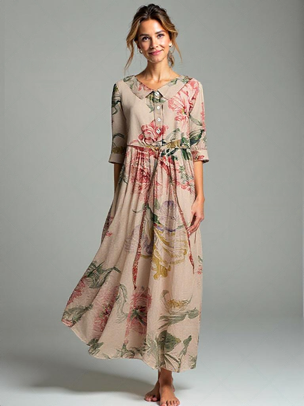 Kvinnors skjortklänning - elegant och avslappnad stil med lång blommig beige botanisk print och 3/4 ärmar