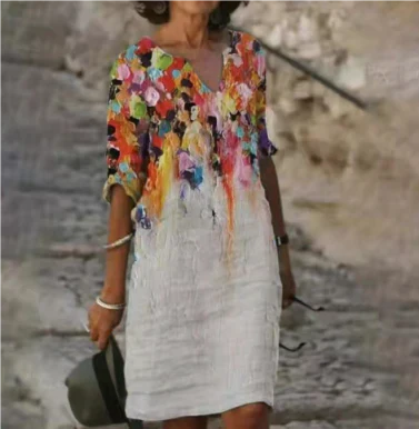 Kvinnor casual klänning v-ringning blommönster för sommaren - luftig lättviktig casual klänning