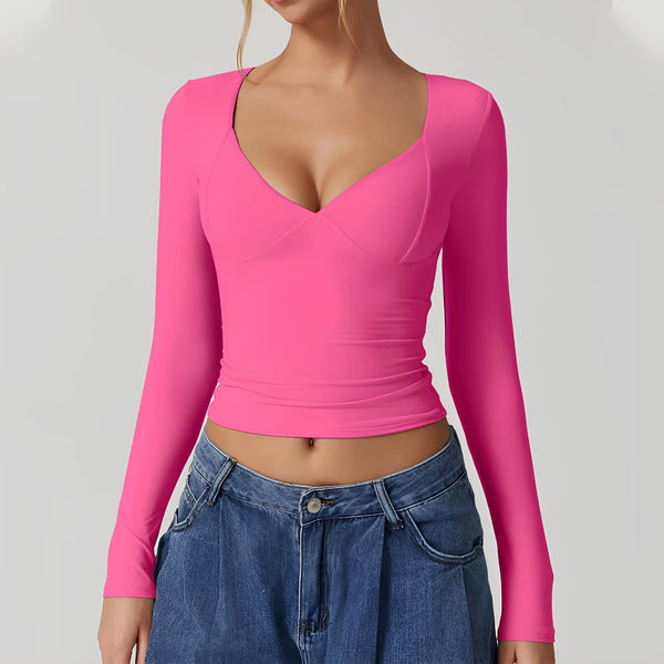 Fitted långärmad topp - elegant v-ringning för damer