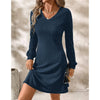Kvinnor långärmad ribbad stickad klänning - avslappnad v-ringad dagdress