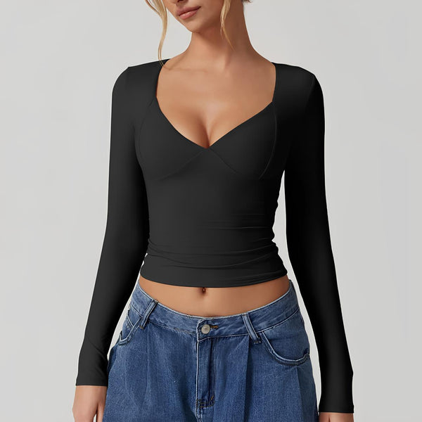Fitted långärmad topp - elegant v-ringning för damer