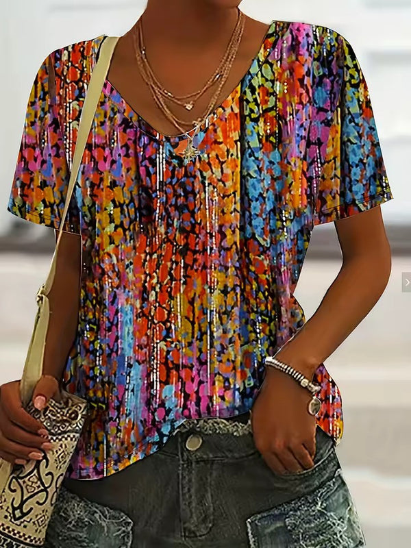 Dam v-ringad t-shirt - färgglad abstrakt trycktröja