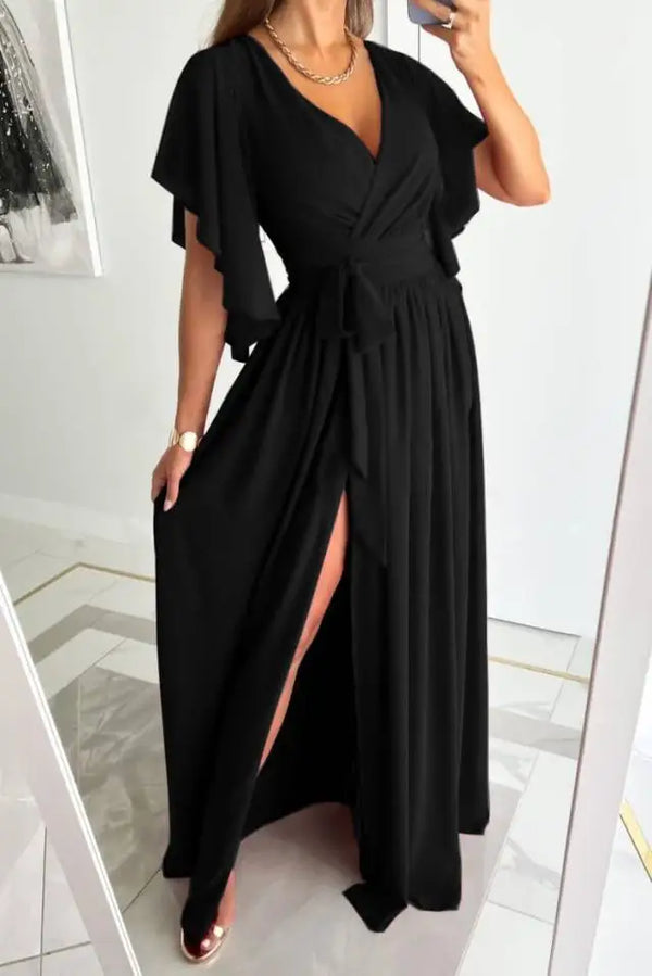 Damer maxi klänning elegant v-ringning med wrap-stil - sofistikerad kvällsoutfit