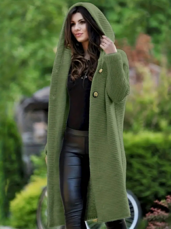 Grön oversized stickad hoodiejacka - stiligt lång damkofta