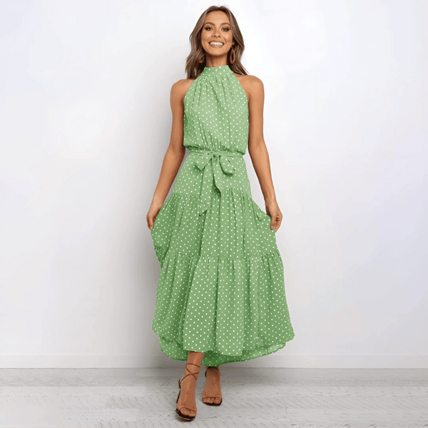 Kvinnors avslappnade maxiklänning med prikka - halterneck elegant kvällsmode - lättviktsmaterial, mångsidig stil för speciella tillfällen