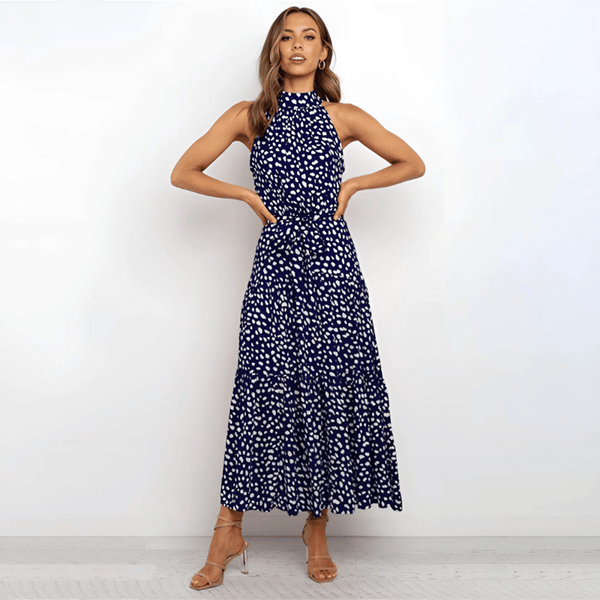 Kvinnors avslappnade maxiklänning med prikka - halterneck elegant kvällsmode - lättviktsmaterial, mångsidig stil för speciella tillfällen