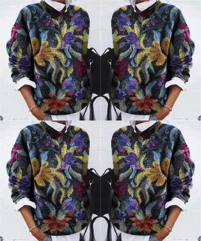 Blommönstrad stickad tröja - texturerad damtröja