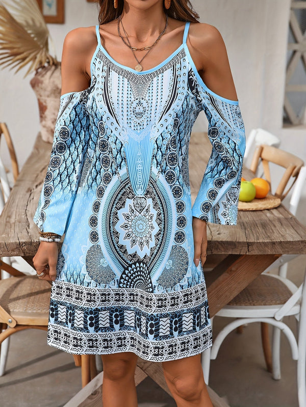 Kvinnors avslappnade klänning bohemisk stil - kall axel vintage tryck sommaroutfit