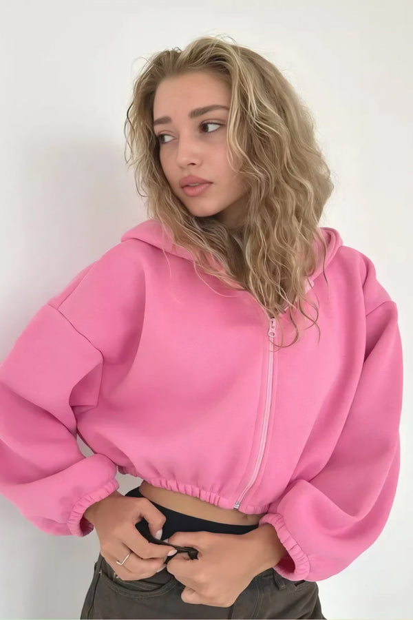 Kvinnors cropped hoodie i trendig zip-up design - avslappnad vardagsstil, mjukt tyg