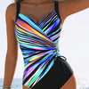 Kvinnors enstyckad baddräkt med stiliga blå skulpturstripes - elegant badplagg för strand- och poolpartyn
