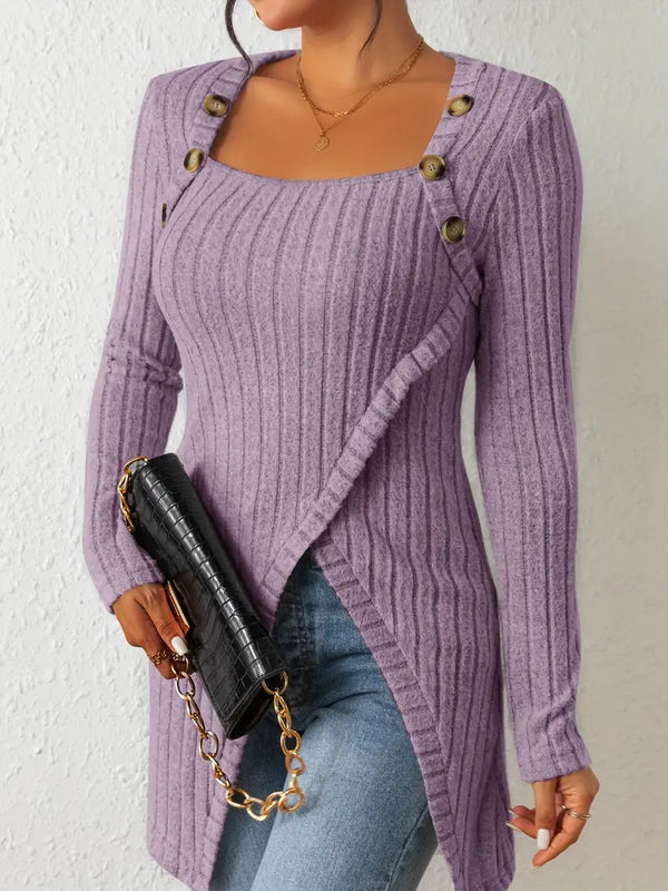 Kvinnors ribbad långärmad topp med knappdetaljer - trendig asymmetrisk stil för fritid och kontoret