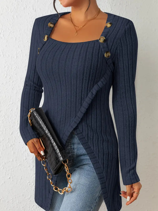 Kvinnors ribbad långärmad topp med knappdetaljer - trendig asymmetrisk stil för fritid och kontoret