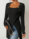 Kvinnors ribbad långärmad topp med knappdetaljer - trendig asymmetrisk stil för fritid och kontoret