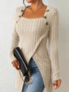 Kvinnors ribbad långärmad topp med knappdetaljer - trendig asymmetrisk stil för fritid och kontoret