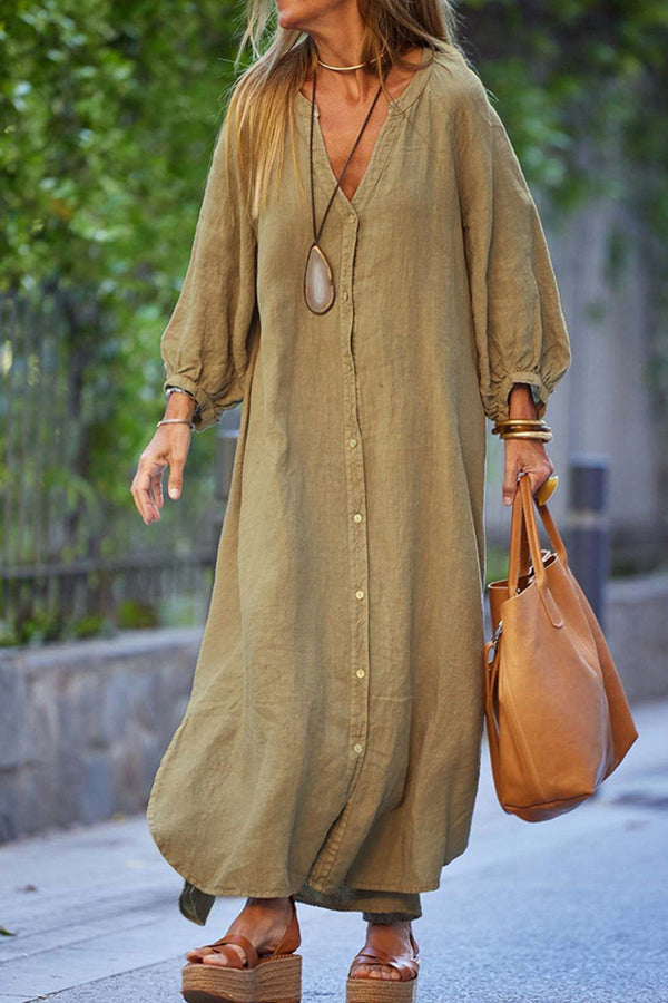 Kvinnors skjortklänning med knapplist och elegant v-ringning - avslappnad vardagsklädsel