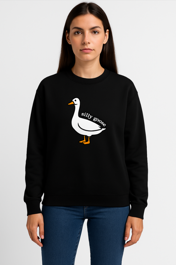 Kvinnors stiliga tröja med lekfull gåspprint - avslappnad stickad tröja i svart för avslappnade utflykter