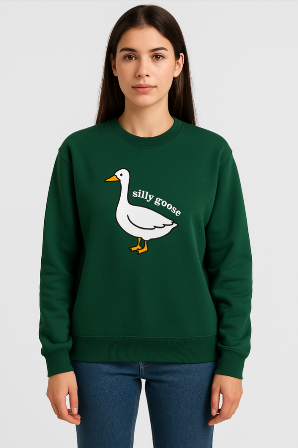 Kvinnors stiliga tröja med lekfull gåspprint - avslappnad stickad tröja i svart för avslappnade utflykter