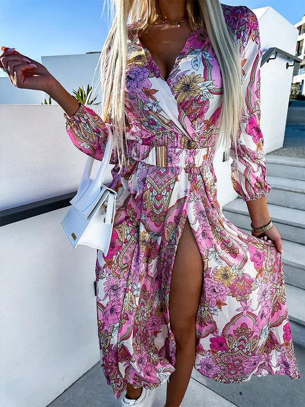 Kvinnors blommiga midiklänning med slits - elegant design med lång ärm för speciella tillfällen