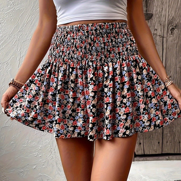 Blommig minikjol - kastanjebrun midikjol med volangkant