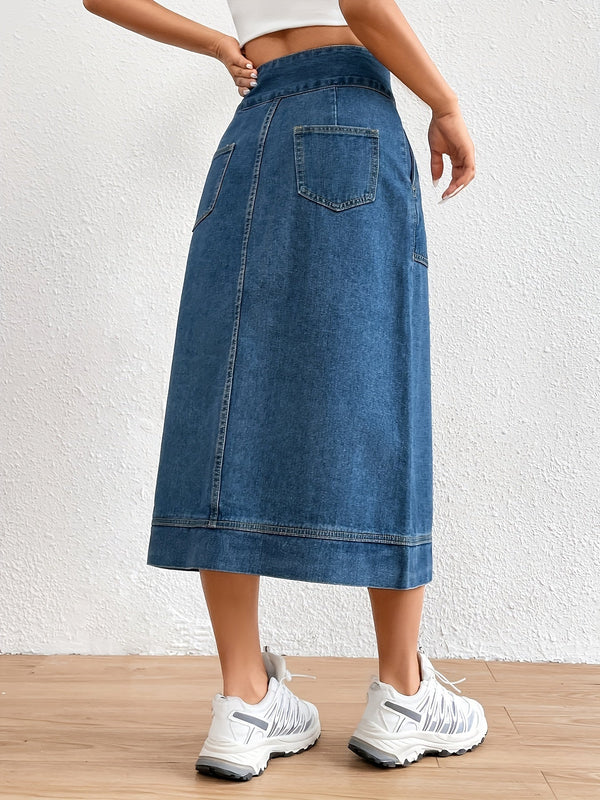 Denim midi kjol - kungligt blå damkjol med knytbälte