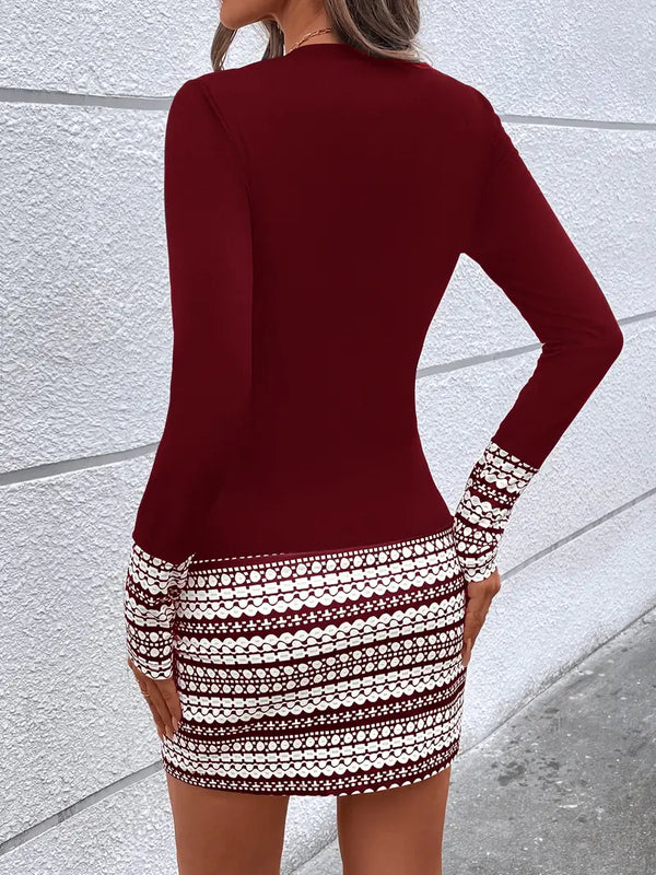 Bodycon-klänning - elegant långärmad damklänning med mönstrad fåll