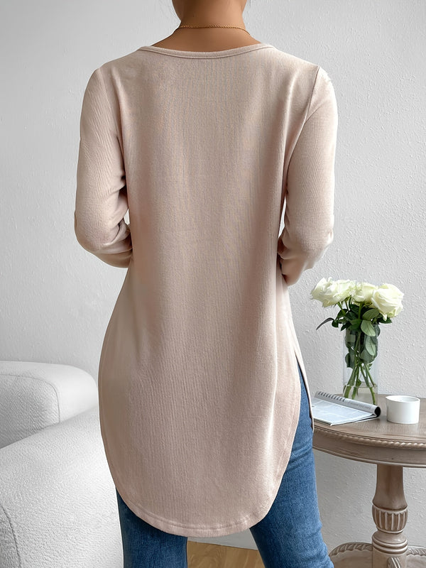 Ljusbeige långärmad topp - avslappnad damtröja med böjt fåll