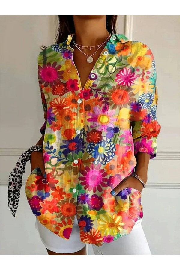 Langarmbluse mit Vintage-Blumenmuster und Revers
