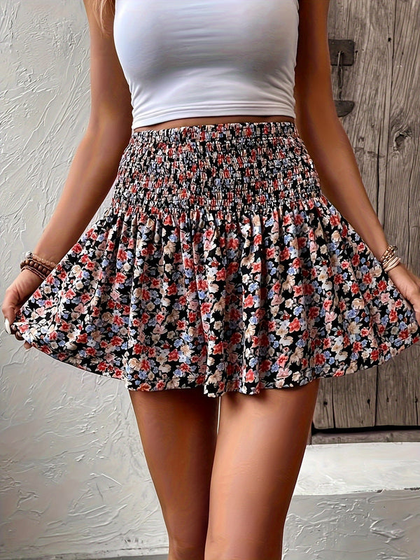 Blommig minikjol - kastanjebrun midikjol med volangkant