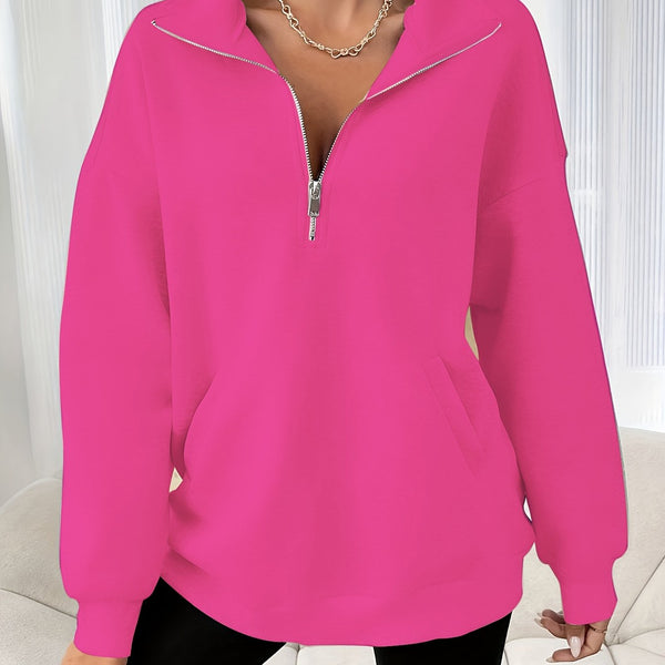 Avslappnad sweatshirt med dragkedja och snedställda fickor - mysig damtröja