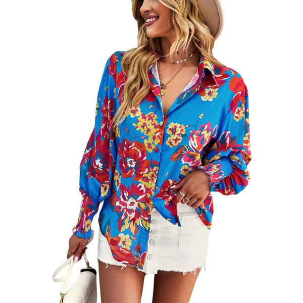 Kvinnors blommig mönstrad blus – stilfull vardagslook med långa ärmar