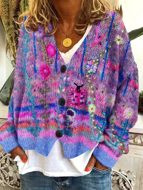 Damstickad cardigan - charmig oversized tröja med blommönster