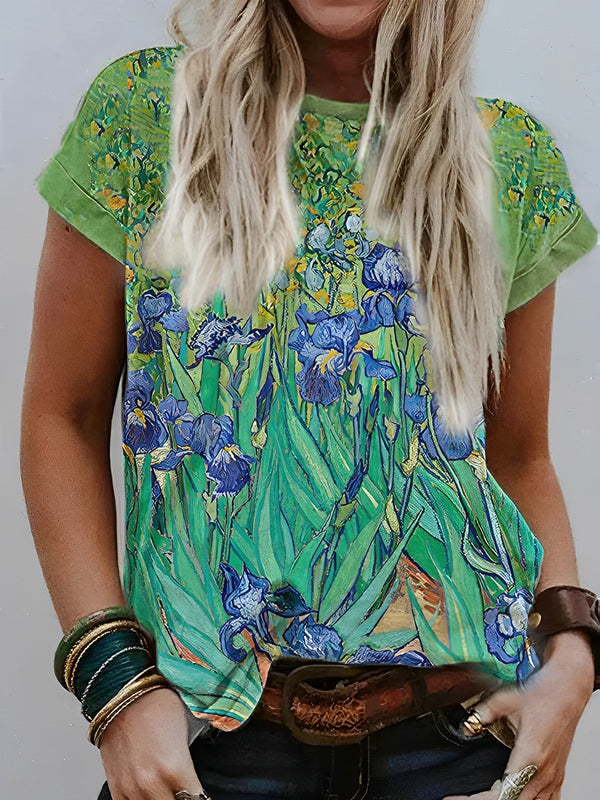 Dam t-shirt med konstnärlig print - van gogh irisar i grön - trendig kortärmad topp för vardagsbruk
