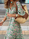 Blommig midiklänning med bälte - elegant grön klänning för kvinnor
