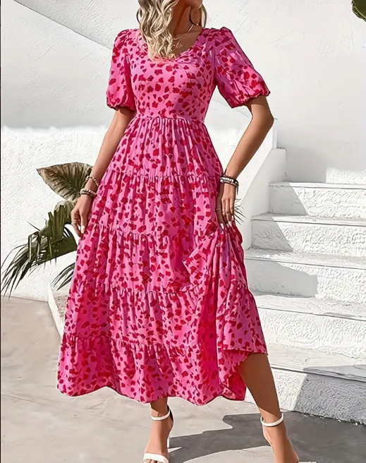 Rosa blommig tiered midiklänning - stilfull och mångsidig outfit