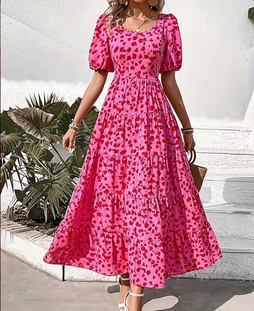 Rosa blommig tiered midiklänning - stilfull och mångsidig outfit