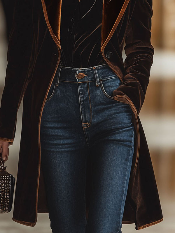 Sammetsovercoat - elegant lång ytterkläder för kvinnor