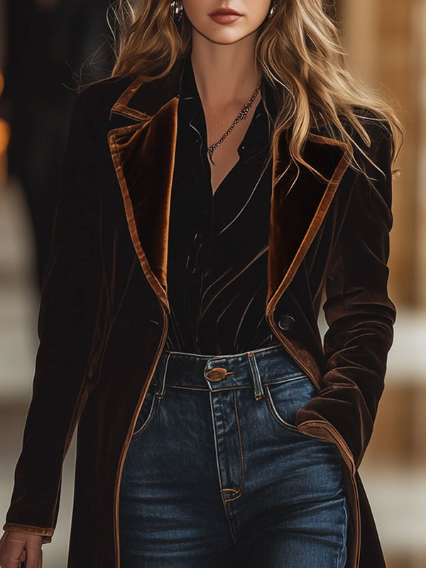 Sammetsovercoat - elegant lång ytterkläder för kvinnor