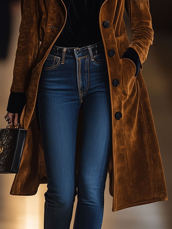 Lång mockatrench - elegant ytterplagg för kvinnor