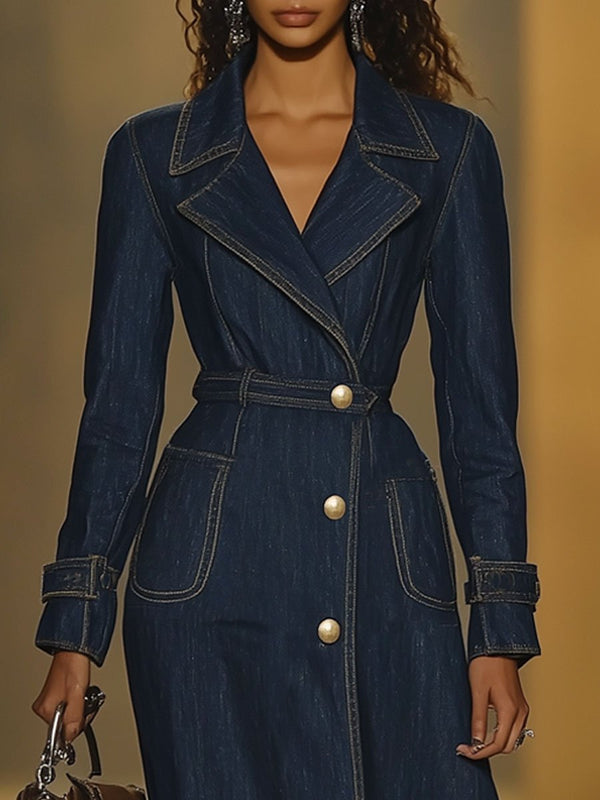 Navy denim trenchcoat - klassisk långärmad jacka för kvinnor