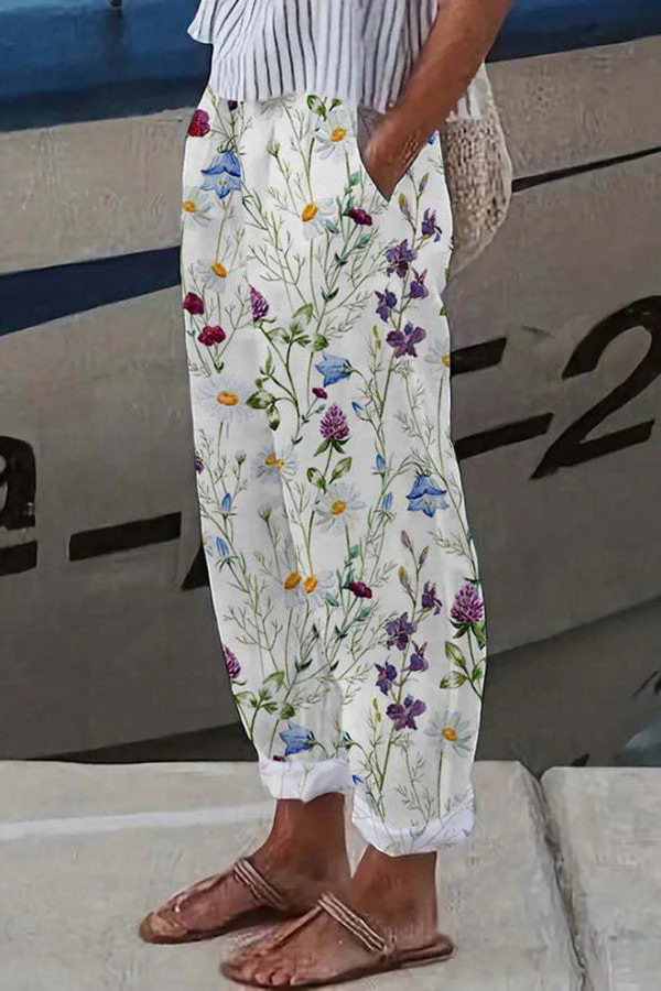 Kvinnors avslappnade byxor med unik blommönstring – lättviktig loungewear för vardagen