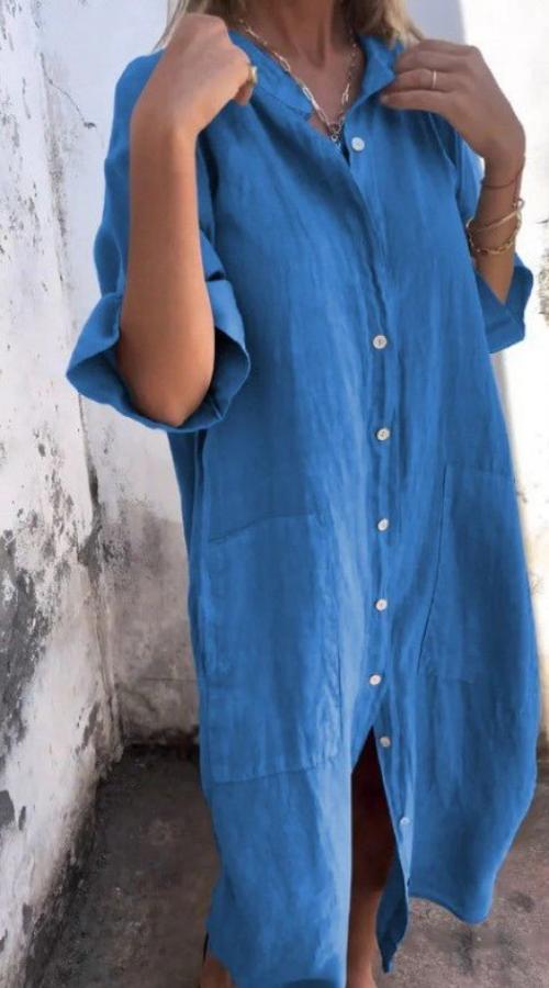 Kvinnors avslappnade linne midi-klänning med knappar - luftig sommarklänning för vardagen