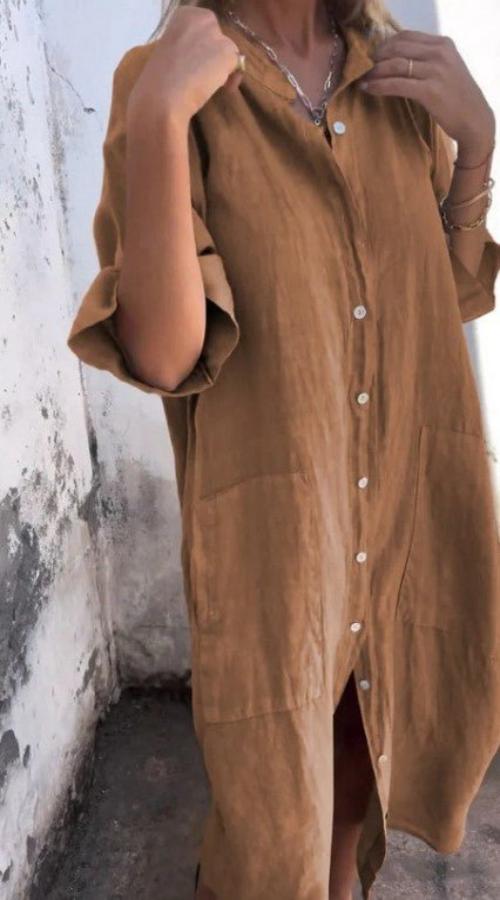 Kvinnors avslappnade linne midi-klänning med knappar - luftig sommarklänning för vardagen