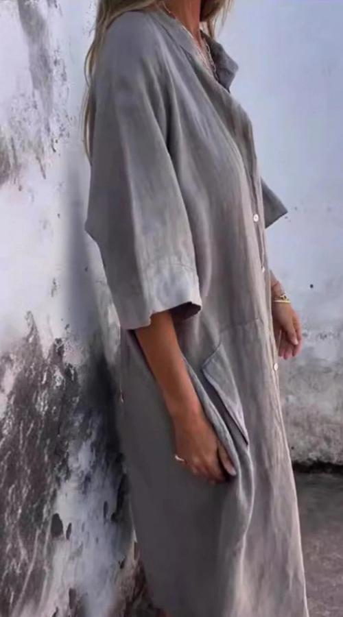 Kvinnors avslappnade linne midi-klänning med knappar - luftig sommarklänning för vardagen