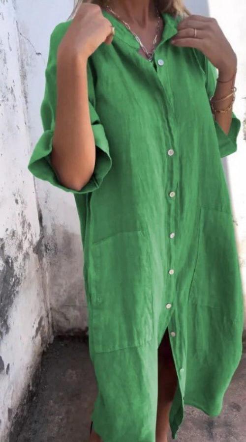 Kvinnors avslappnade linne midi-klänning med knappar - luftig sommarklänning för vardagen