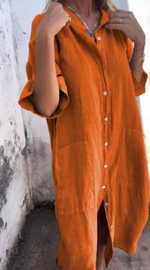 Kvinnors avslappnade linne midi-klänning med knappar - luftig sommarklänning för vardagen