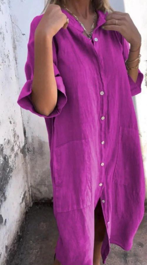 Kvinnors avslappnade linne midi-klänning med knappar - luftig sommarklänning för vardagen