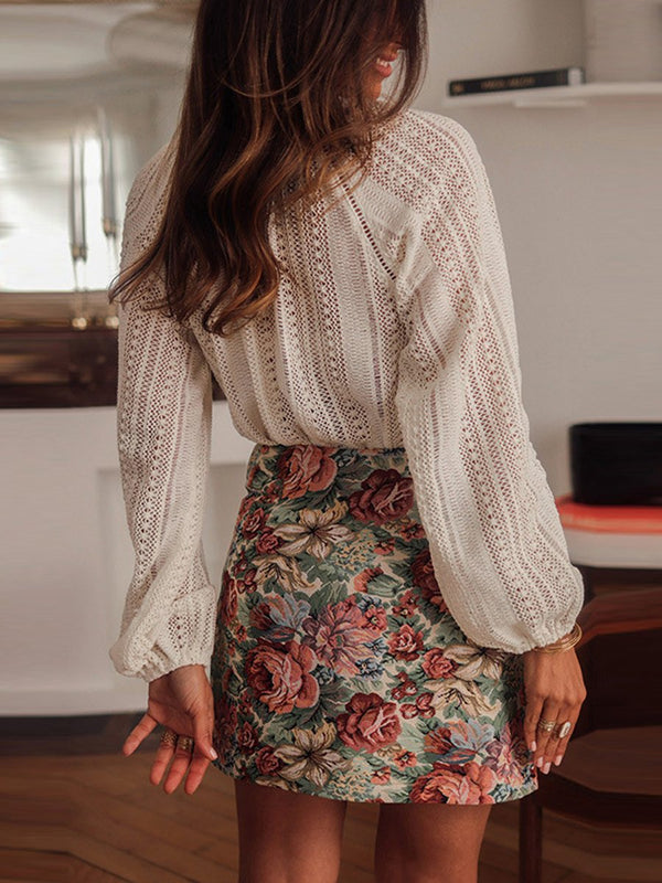 Kvinnors öppet stickad vit långärmad blus - elegant vardagstop för damer