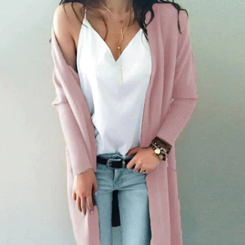 Kvinnors lång cardigan - chic lättstickad tröja för året runt-stil