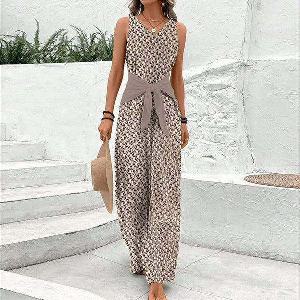 Chic jumpsuit med vida ben - trendig sommaroutfit i bomull för damer i beige