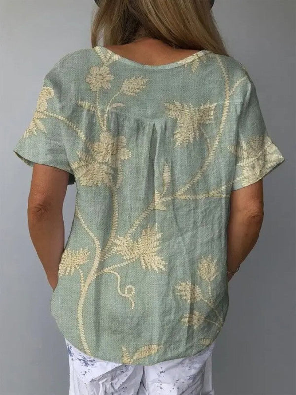 Kvinnors avslappnade t-shirt med broderi i mjukt linnegrått - vardaglig topp med blommönster